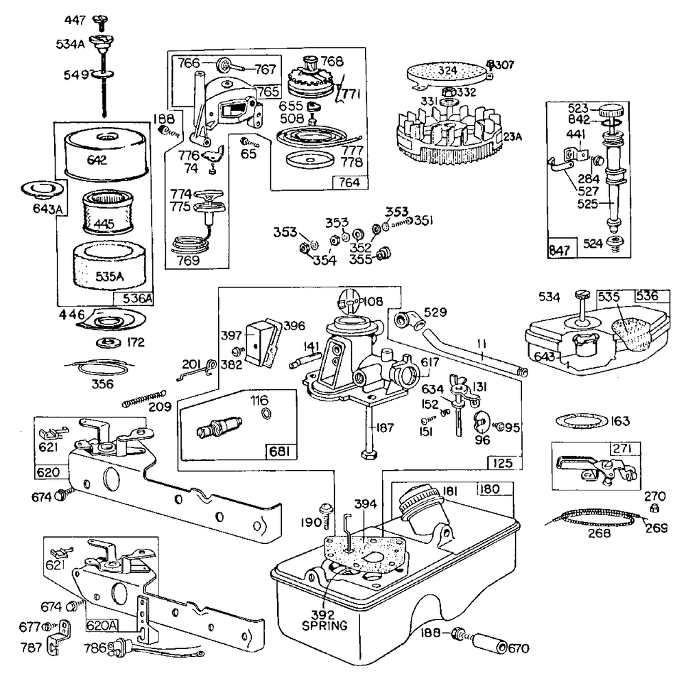 Carburetor And Fuel Tank Assembly Diagram and Parts List for 93505-0352-XX  Briggs and Stratton Engine
